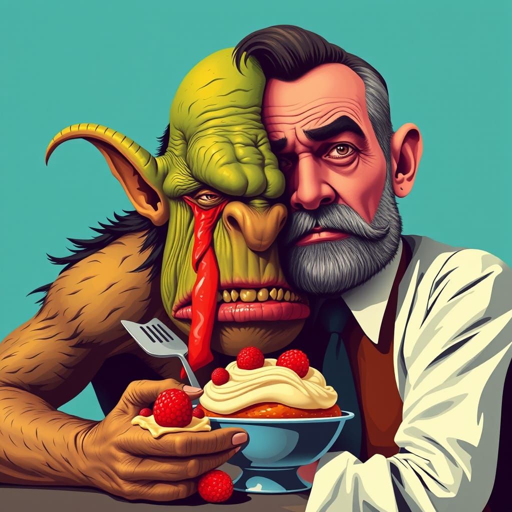 Grotesque Ogre Cries Famine Next to Strict Diet Man in Pop A...