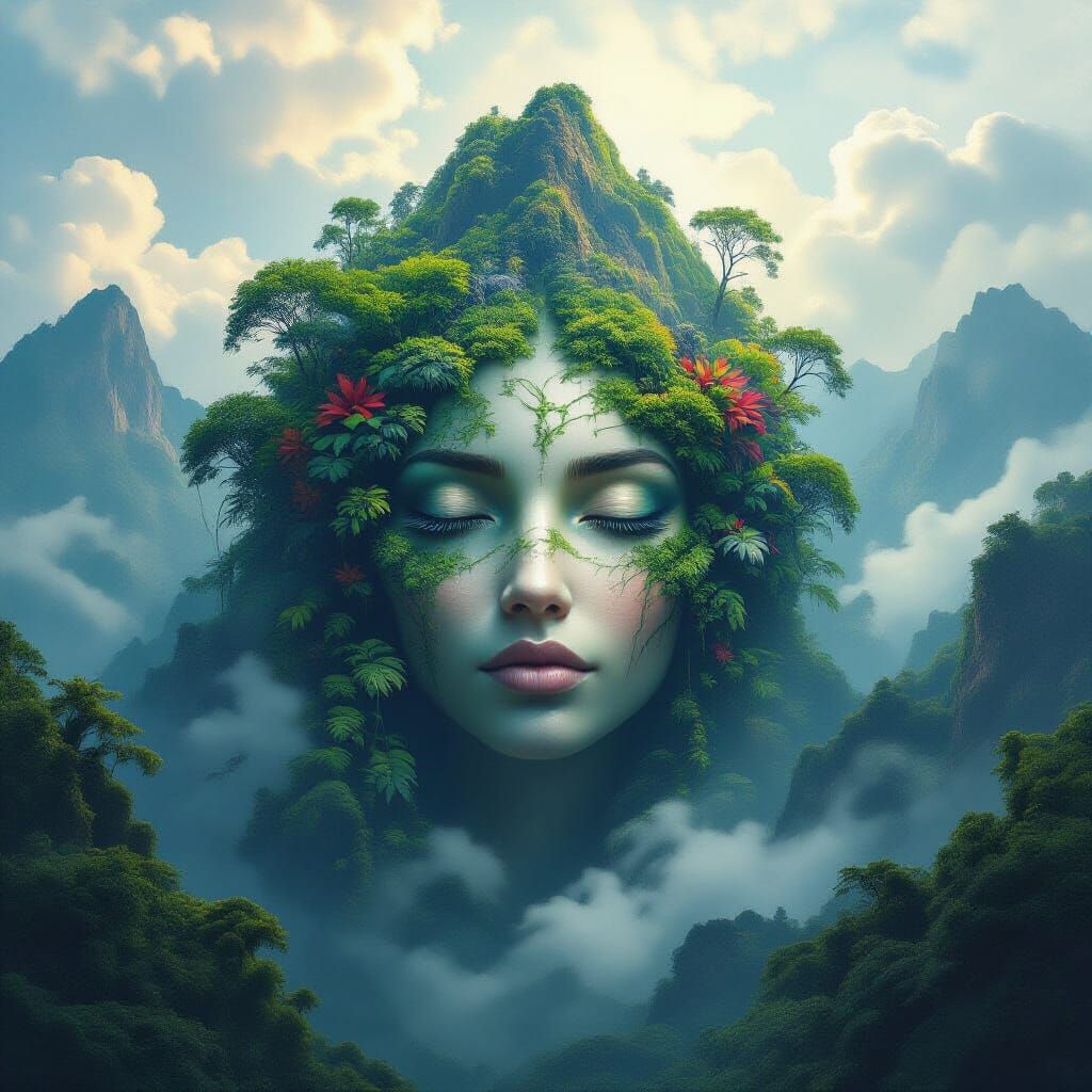 Jungle Mountain Woman: Atmospheric Digital Art