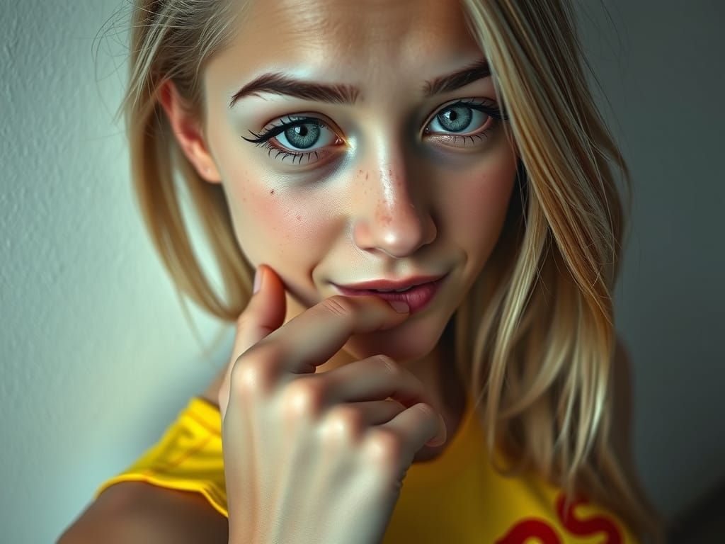 Hyper-Realistic Portrait of a Young Woman with Whimsical Exp...