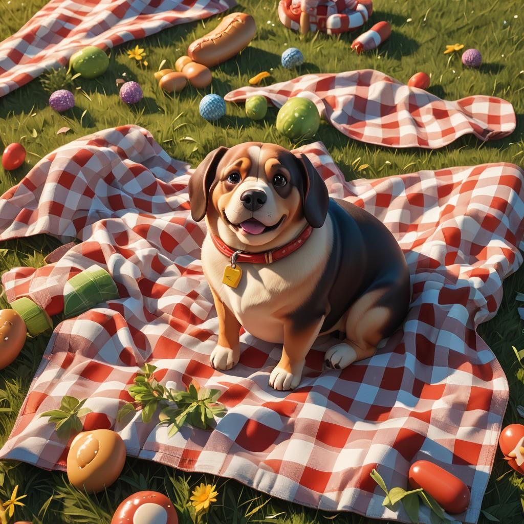 Chubby Hotdog Dog Enjoying Sunny Picnic: 3D Character Art