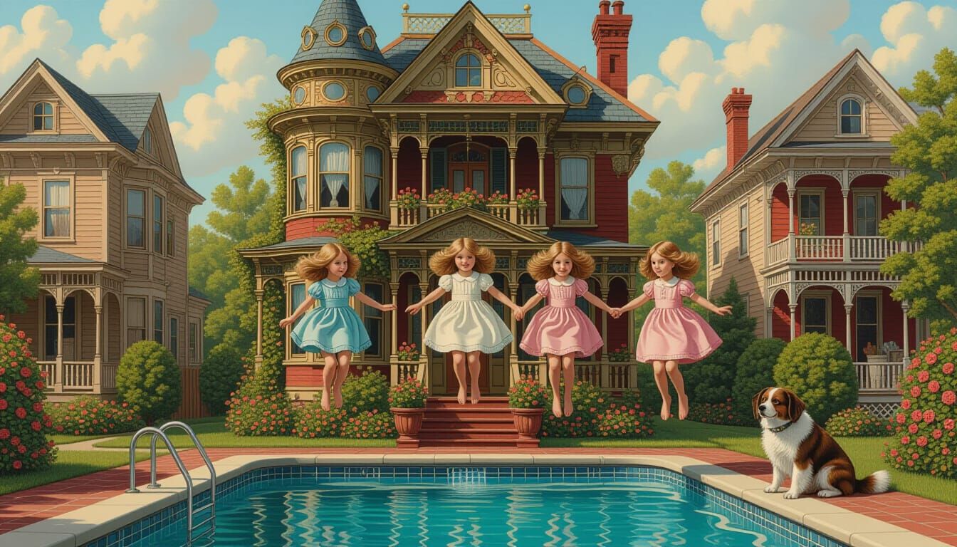 Whimsical Victorian Dreamscape with Girls Diving
