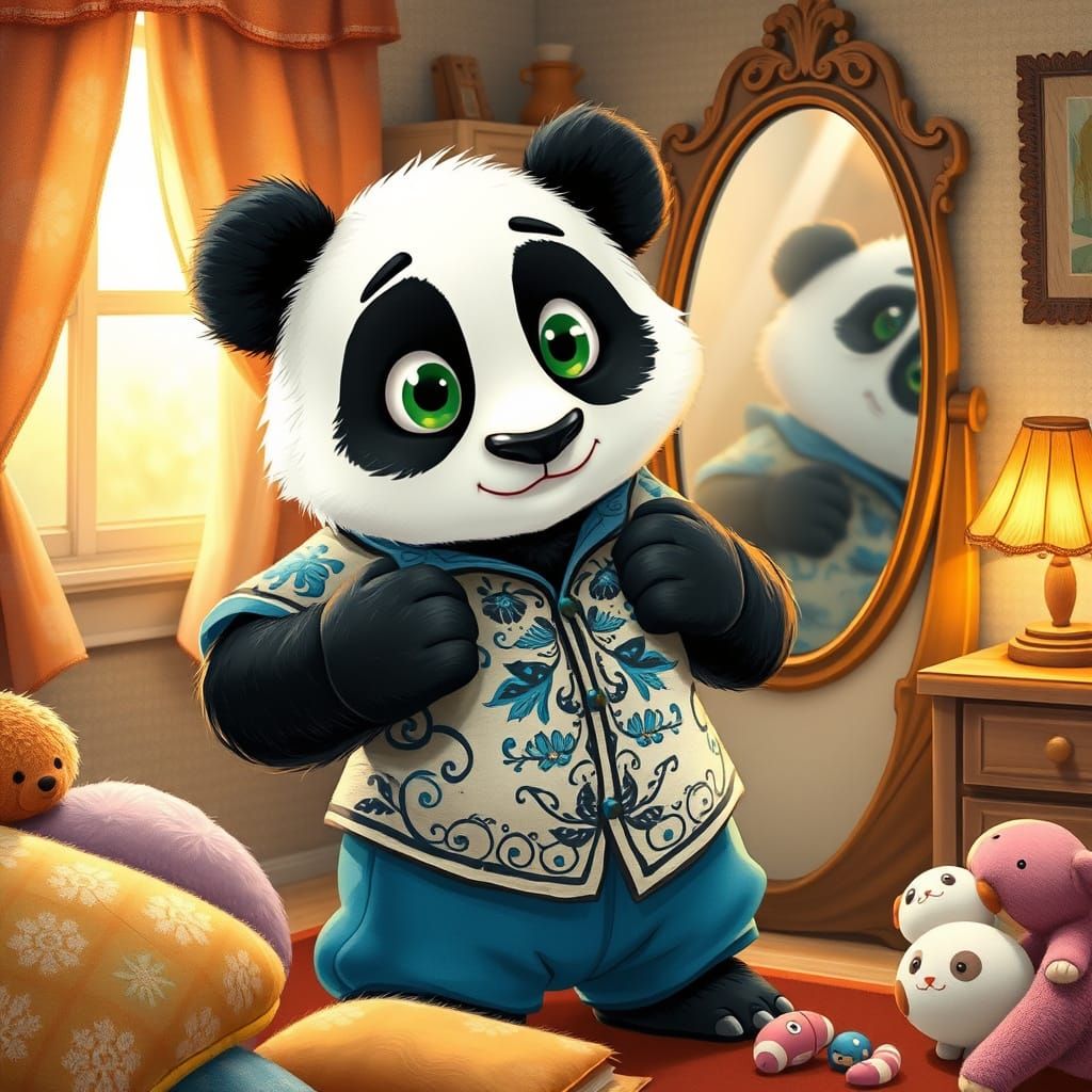 Whimsical Panda Dressing in Cozy Bedroom, Storybook Style