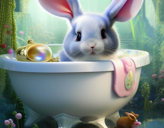 Adorable Bunny's Bubble Bath: A Kawaii 3D Portrait