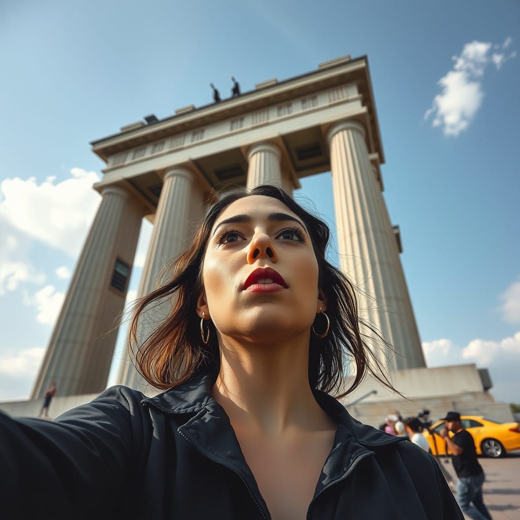 Defiant Woman's Selfie in Brutalist Setting