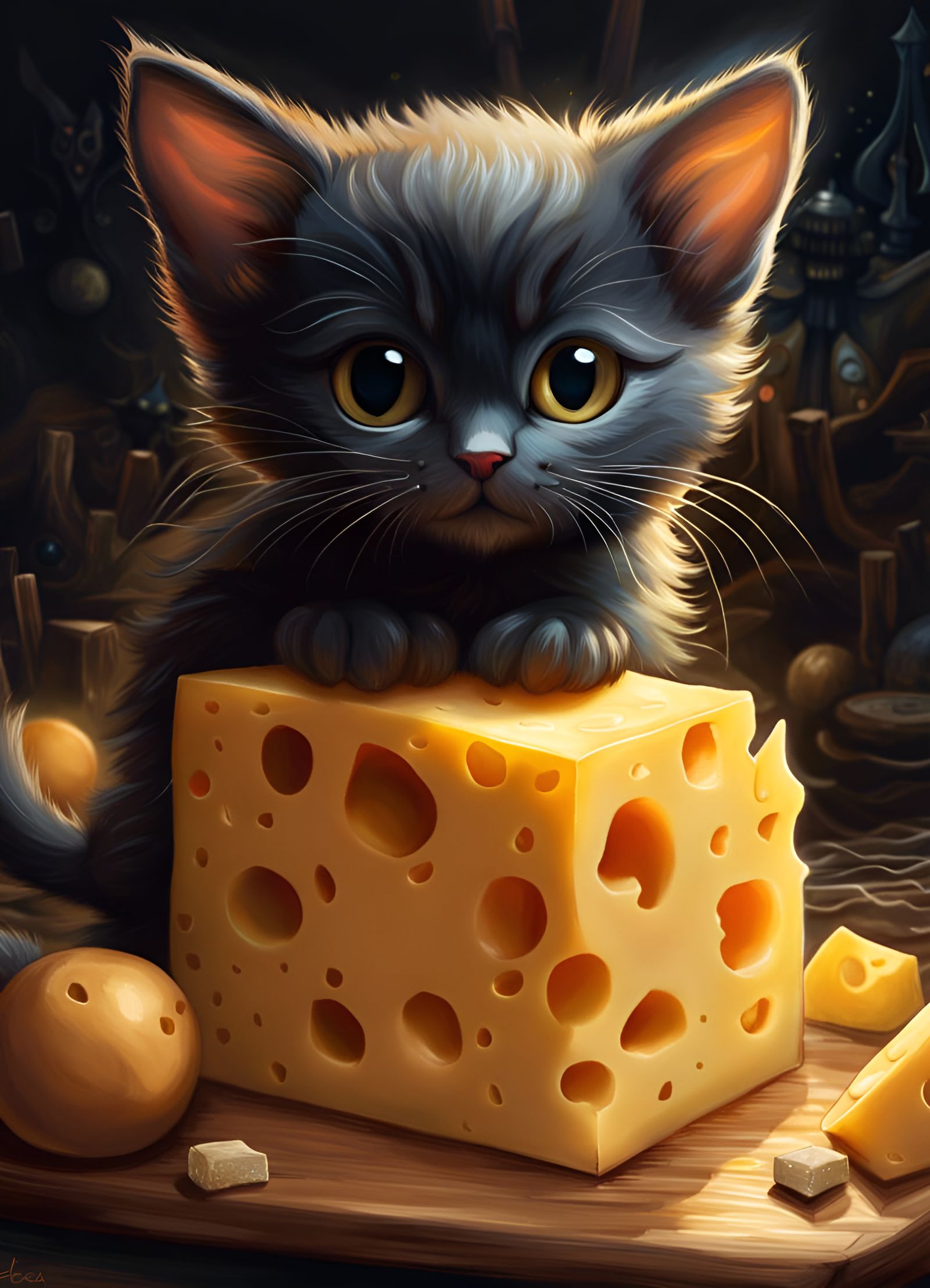 Cute Cheese Kitten: Ultradetailed Mixed Media Art