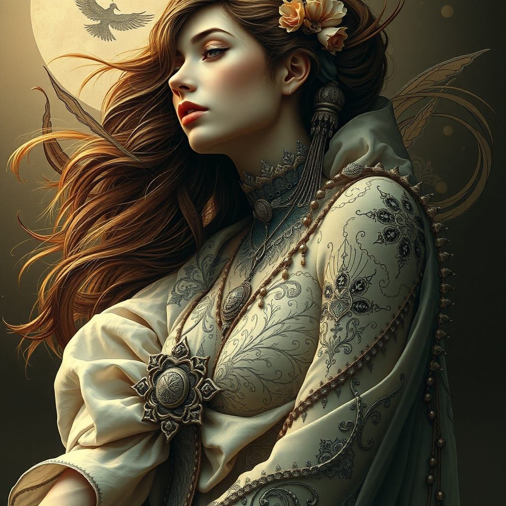 Ethereal Woman in Flowing Symbolic Clothing