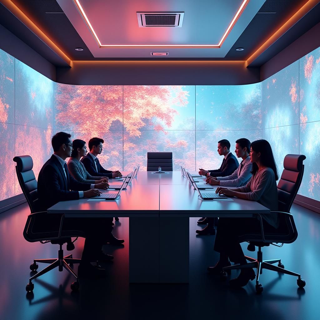 Futuristic Meeting of Chinese Employees in High-Tech Office