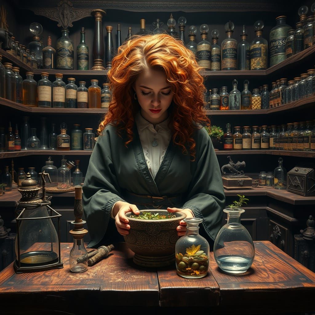 Woman in Apothecary's Robe Meticulously Mixes Rare Herbs in ...