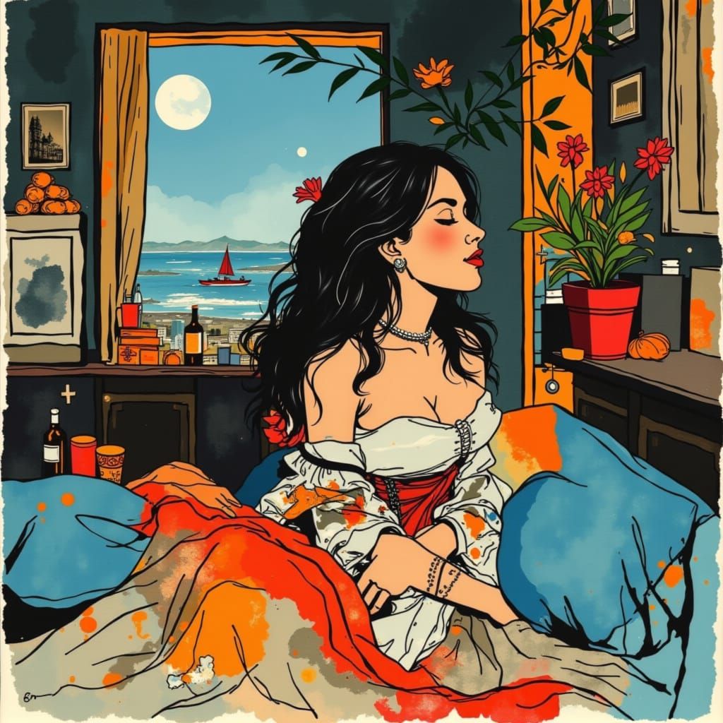 Asian Pirate Woman Enjoying Breakfast in Bed