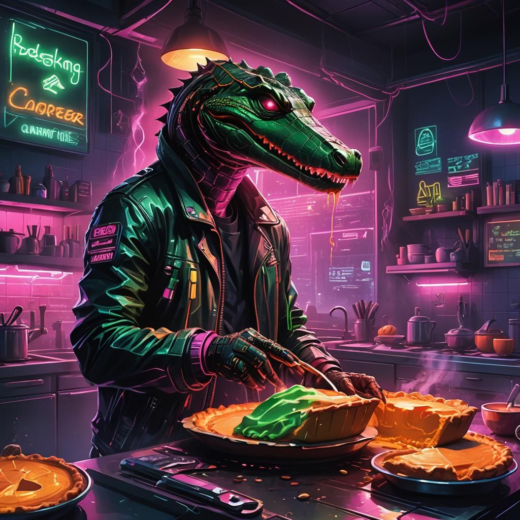 Cyberpunk Alligator Chef Bakes Pie in Neon City
