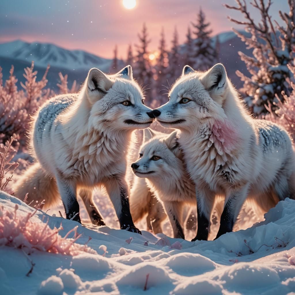 Arctic Foxes Playing at Sunset in Hyperrealistic Style