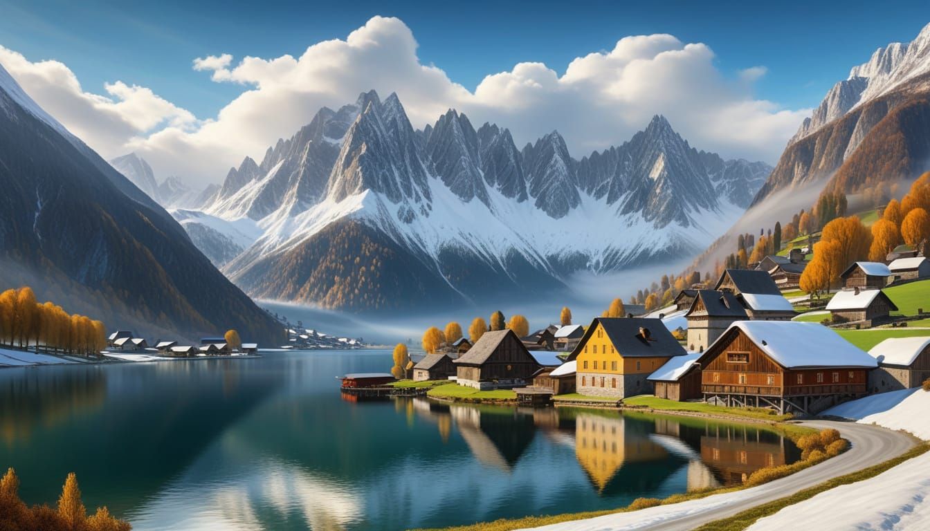 Serene Village by Mountain Lake in Flemish Oil Painting Styl...