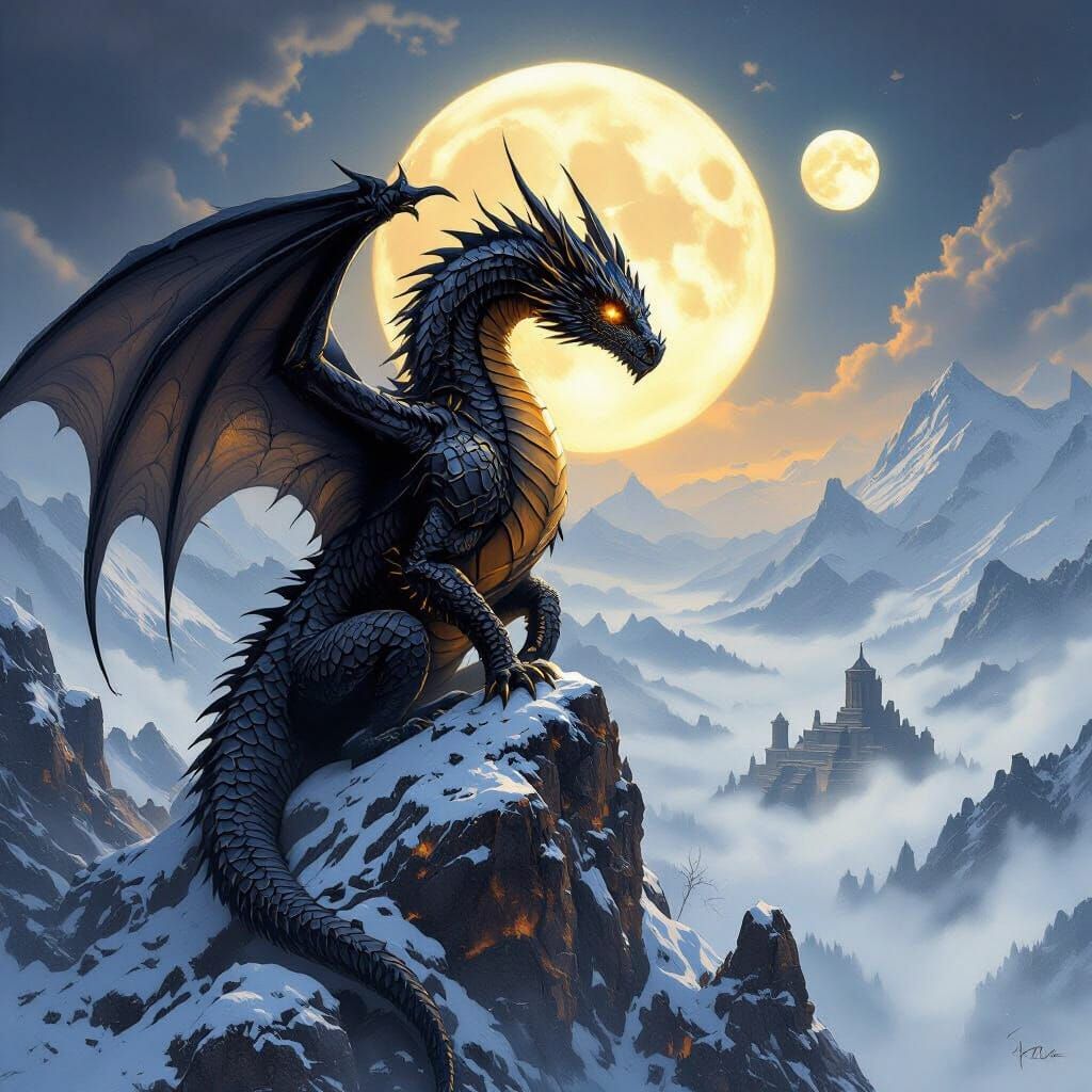 Ancient Dragon on Snowy Peak Under Double Moon