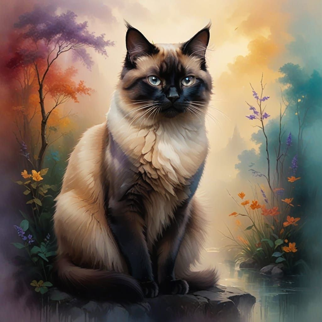 Fluffy Siamese Cat in Whimsical Misty Landscape