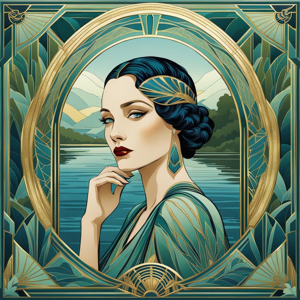 Art Deco Woman at River with Gold Border