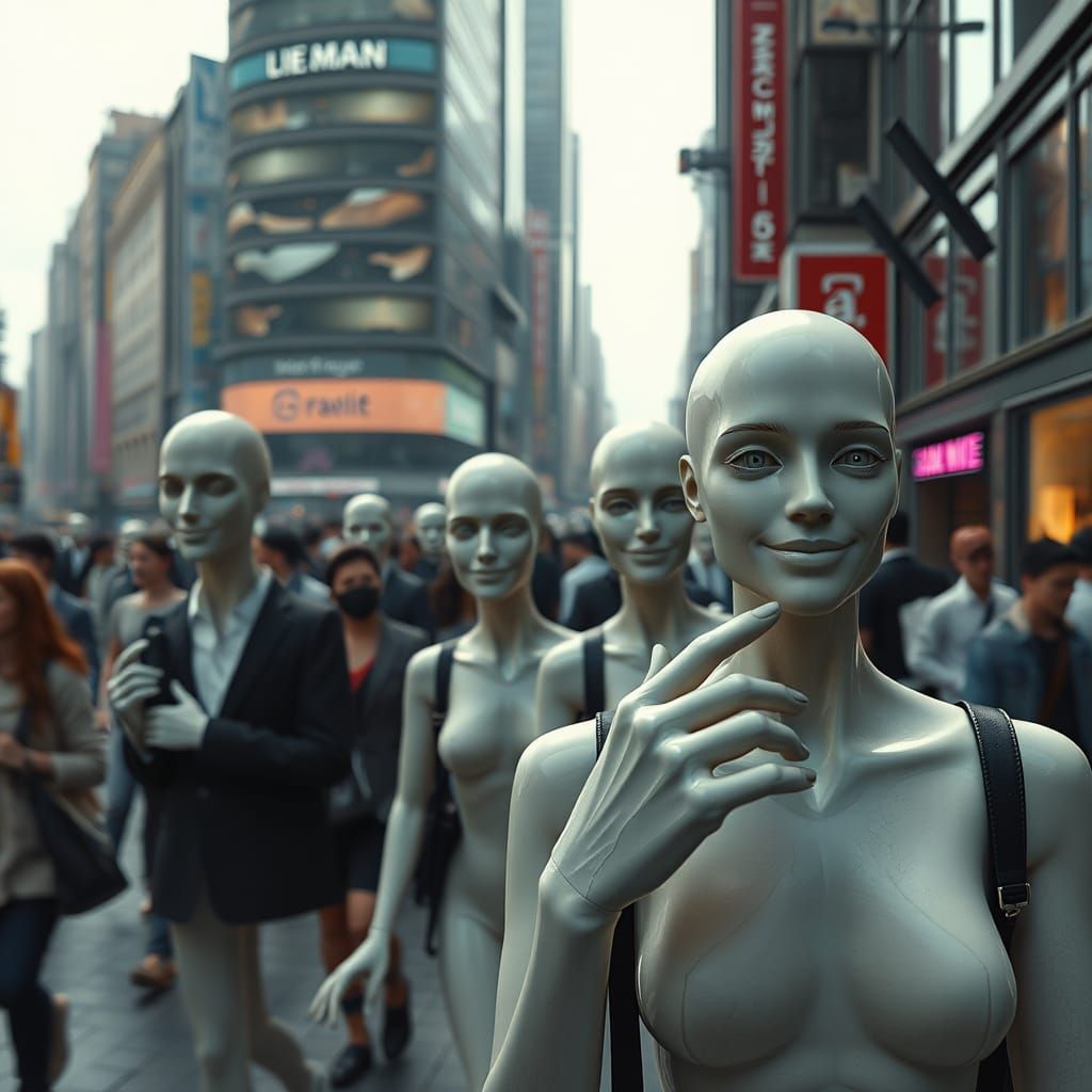Eerie City Square with Mannequin-like Figures