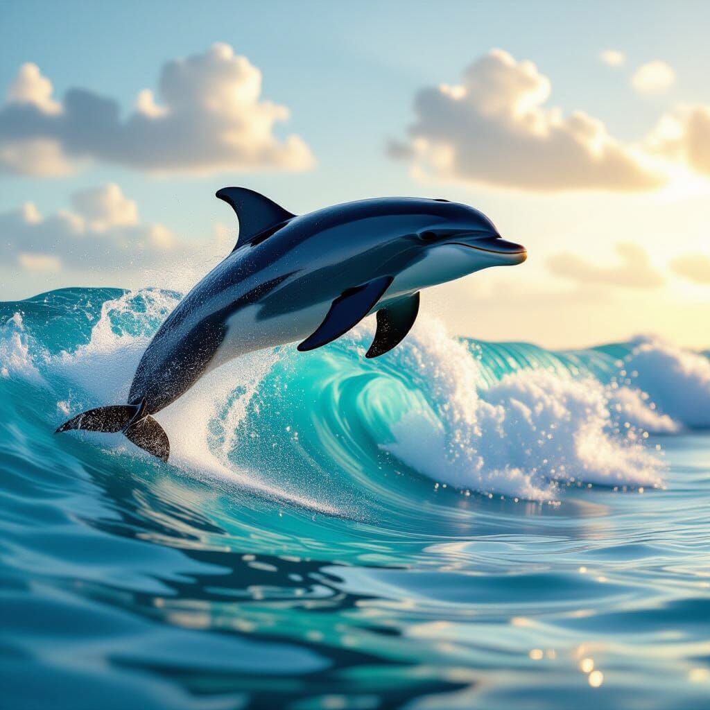 Dolphin Leaping From Ocean Wave in Golden Hour Light