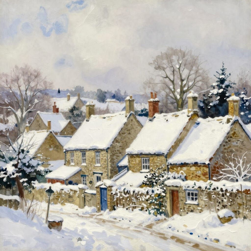 Snowy England Farm Village in Watercolor Style