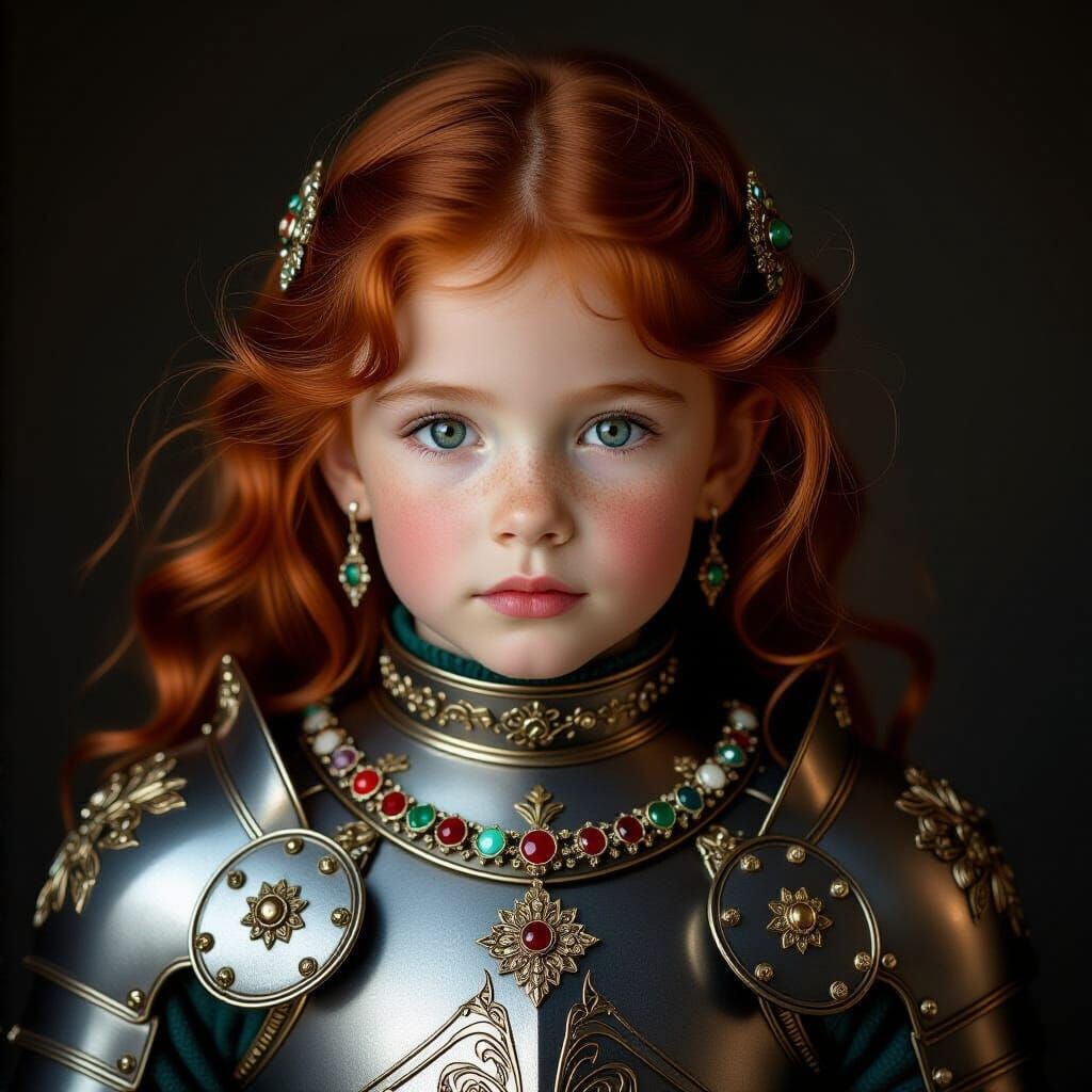 Redhead Girl in Knight Armor: Hyperrealistic Photo