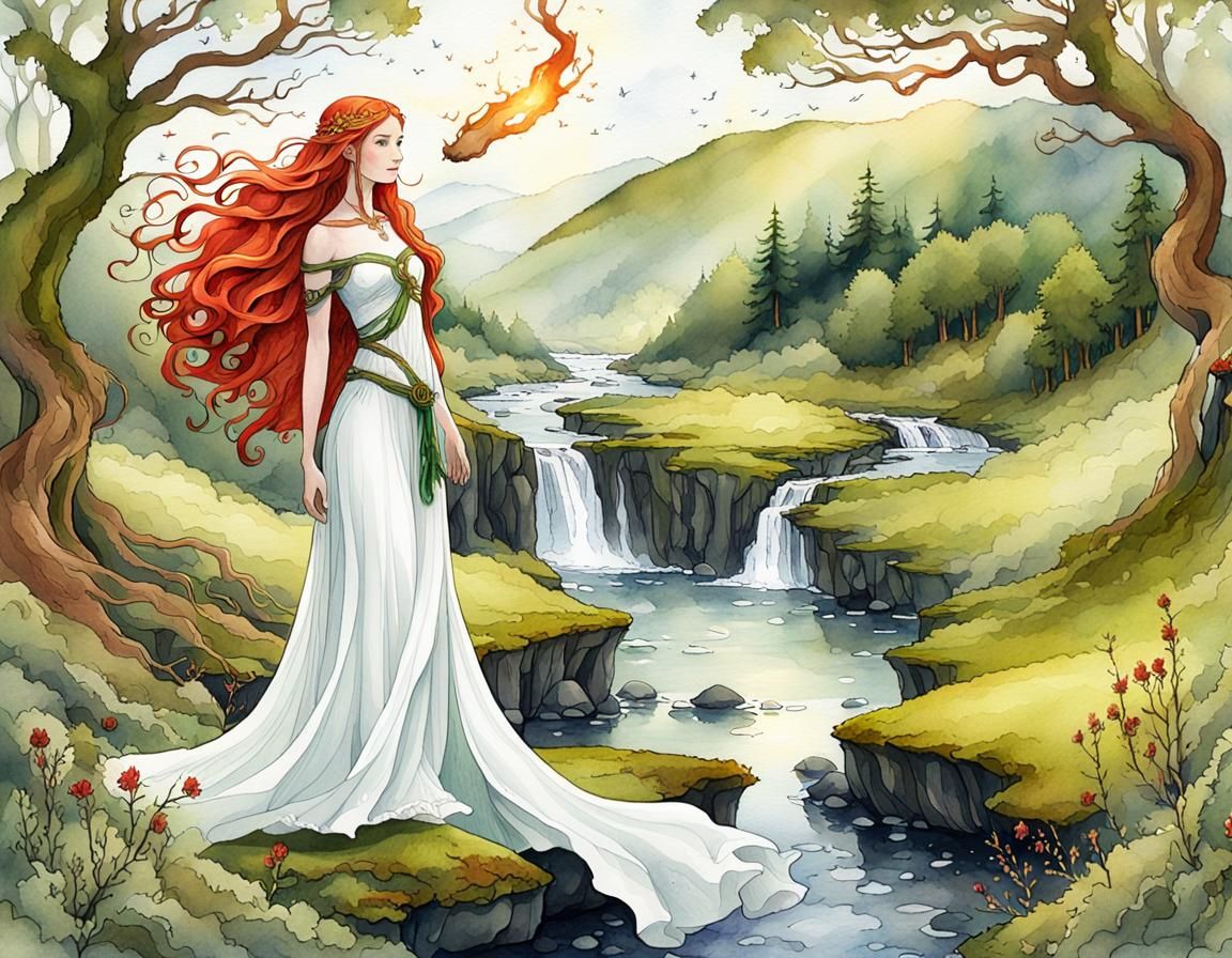 Celtic Goddess in Tír na nÓg, Digital Watercolor