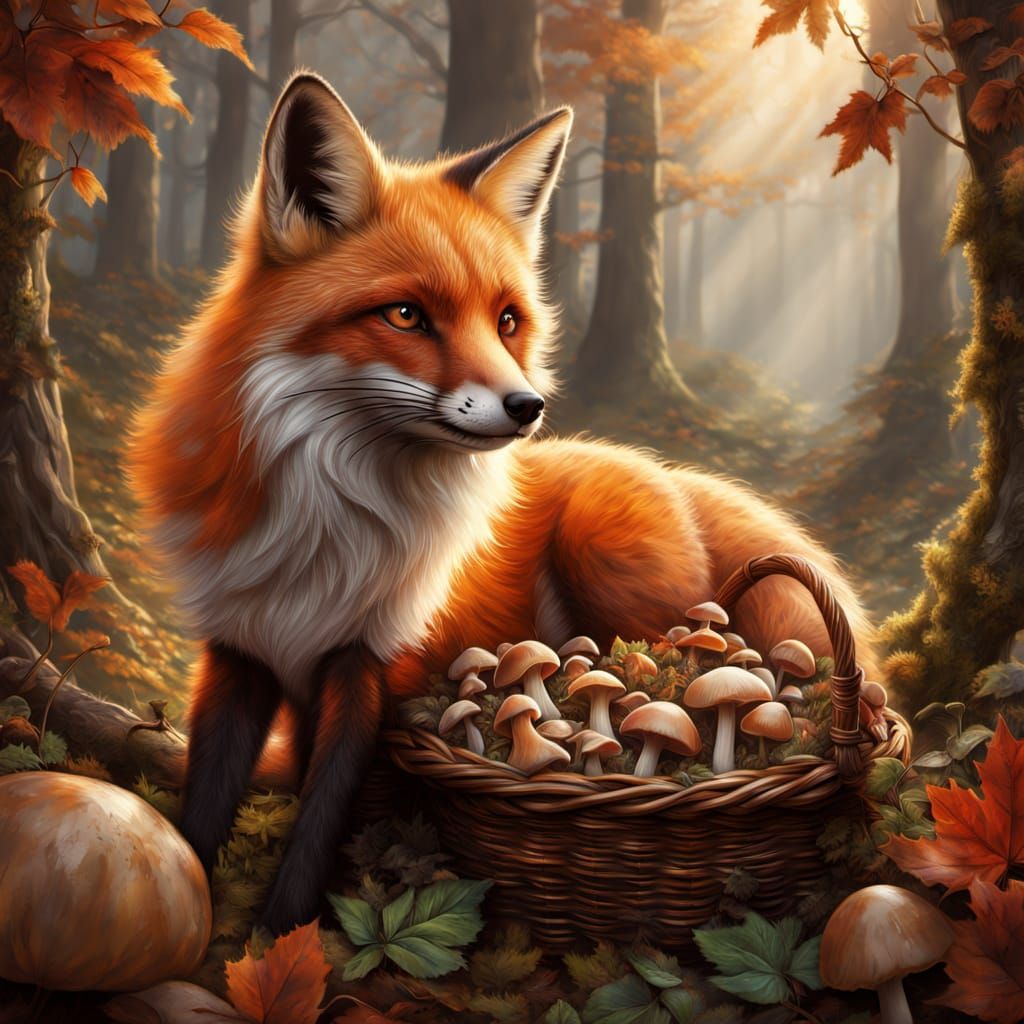 Red Fox and Autumn Harvest in Golden Forest