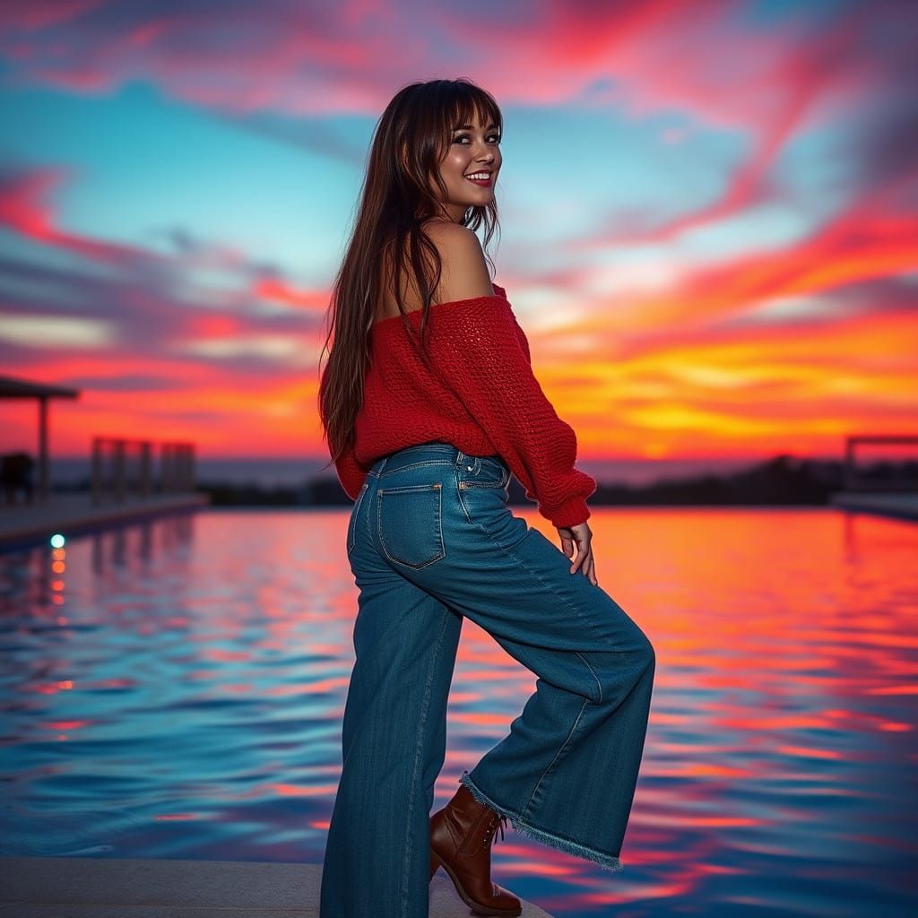 Woman Leans into Sunset on Pool's Edge, Captured in Hyperrea...