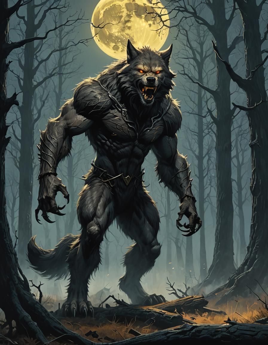 Werewolf with Piercing Eyes in Dark Fantasy Forest
