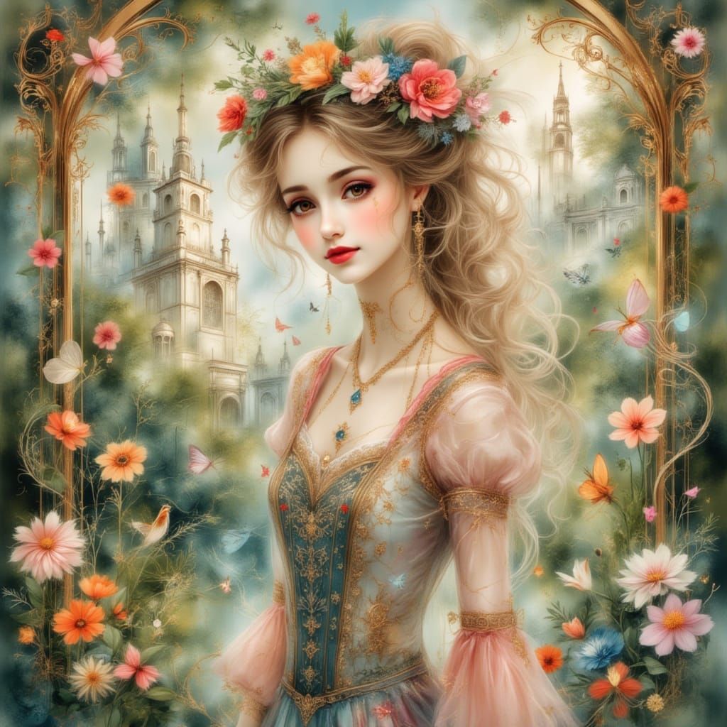 Whimsical Morning Garden Scene in Watercolor Style