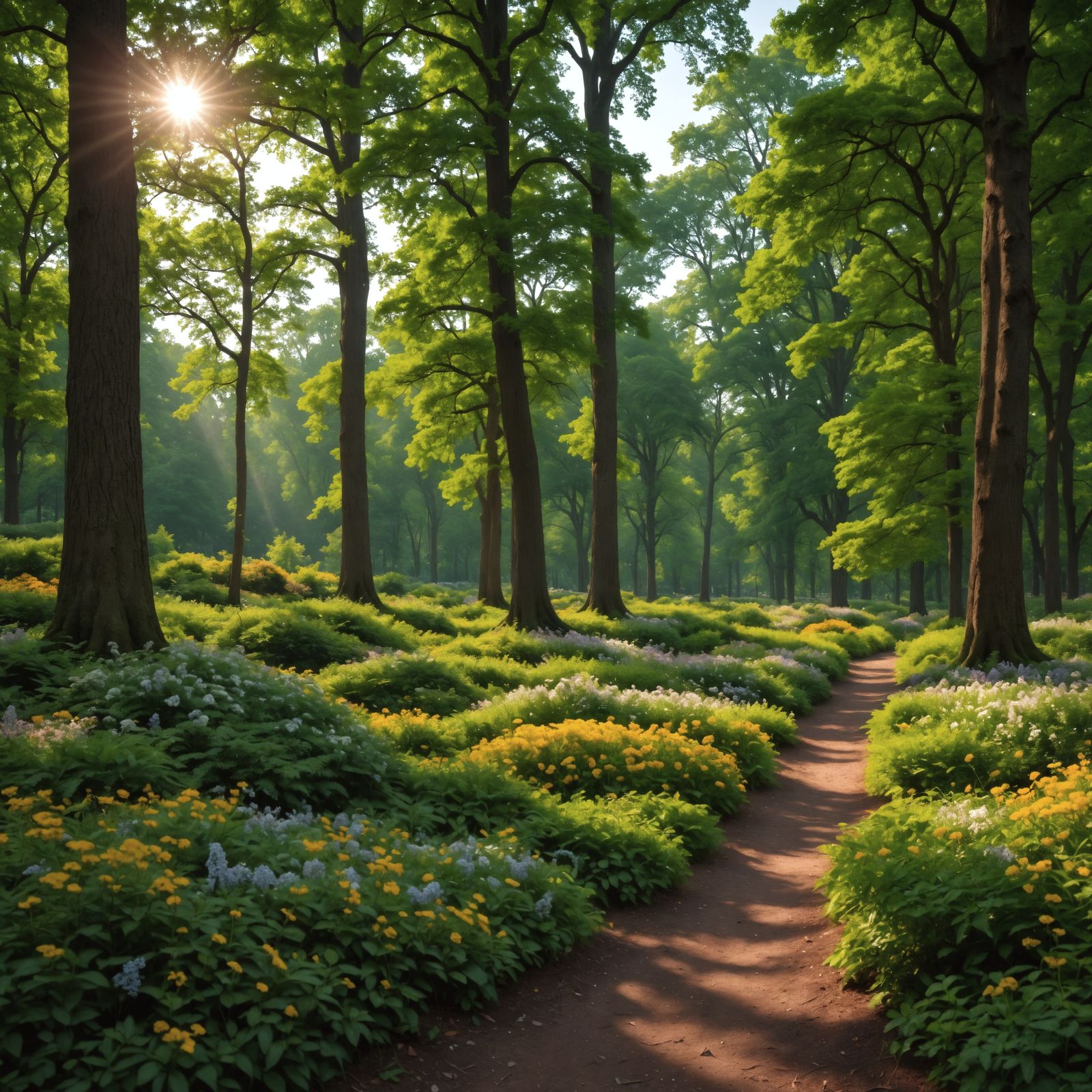 Hyperrealistic Forest Park with Trees and Flowers