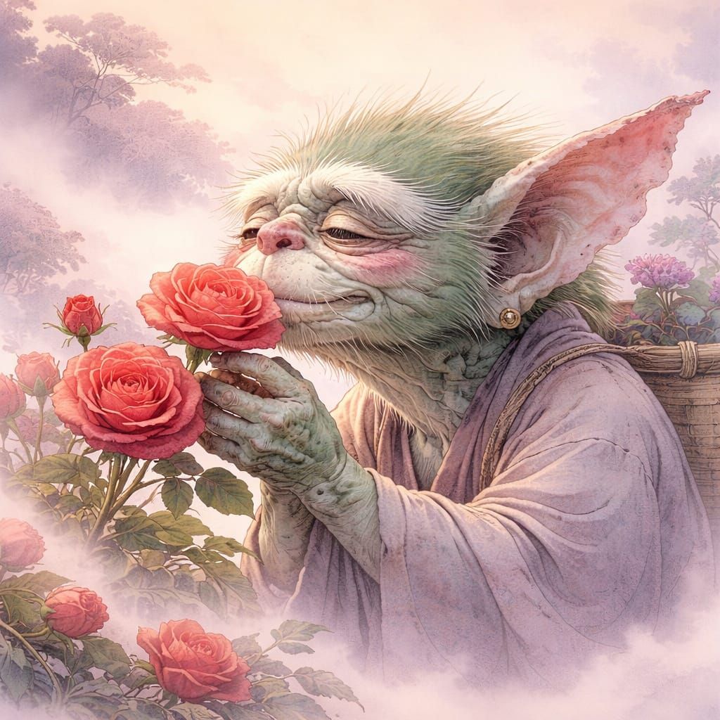 Gremlin Smells Roses in Muted Isolation Dreamscape