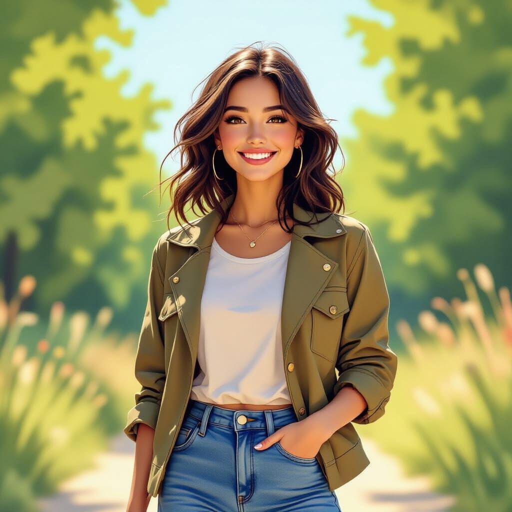 Smiling Woman Outdoors in Vibrant Digital Art Style
