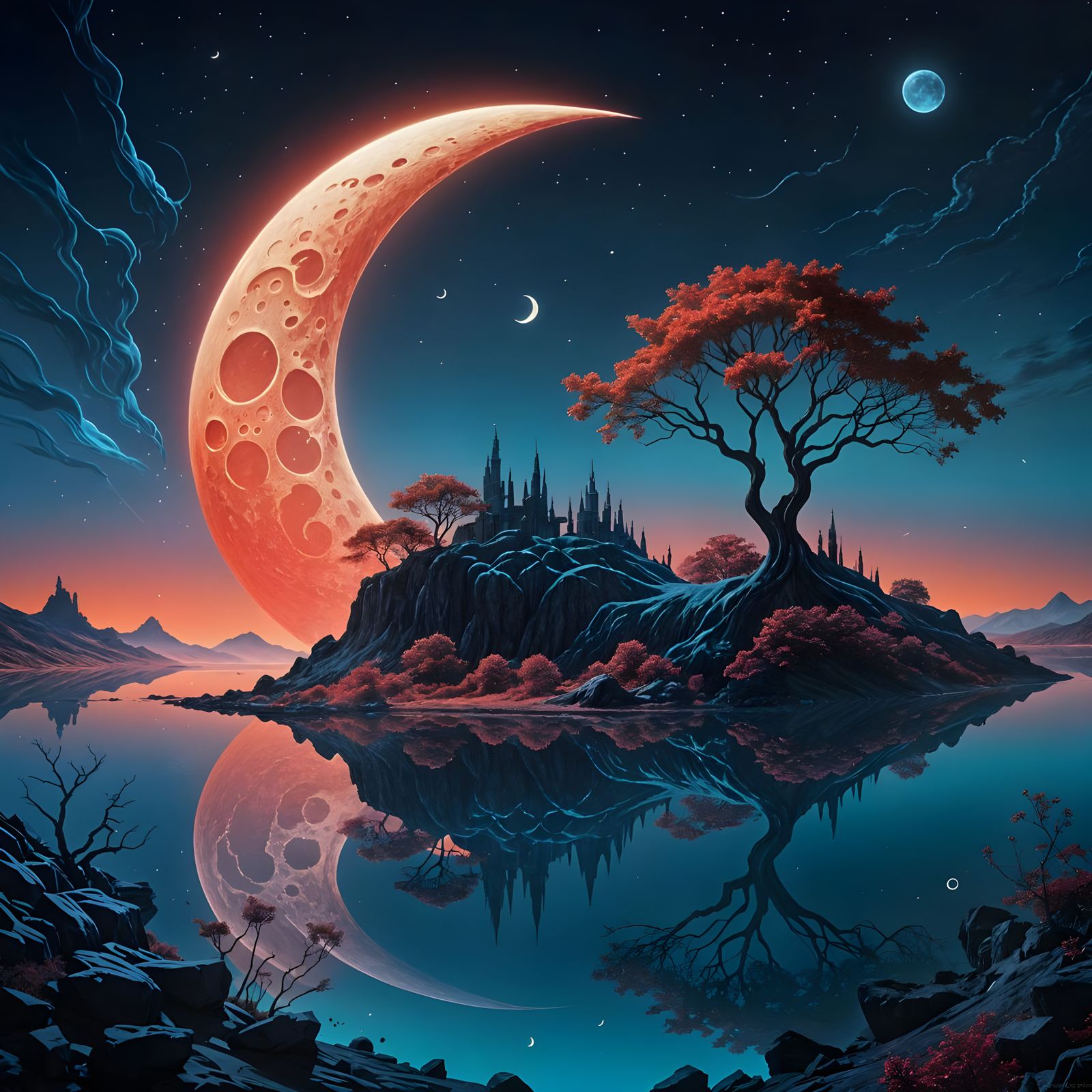 Surreal Chrome Sphere Reflecting Crimson Moon