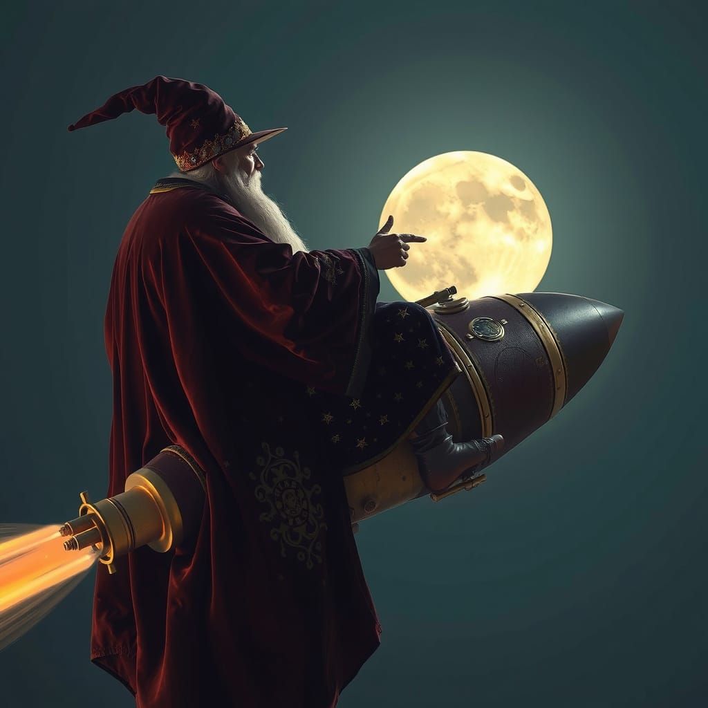 Wizard Rides Steampunk Rocket Past the Moon