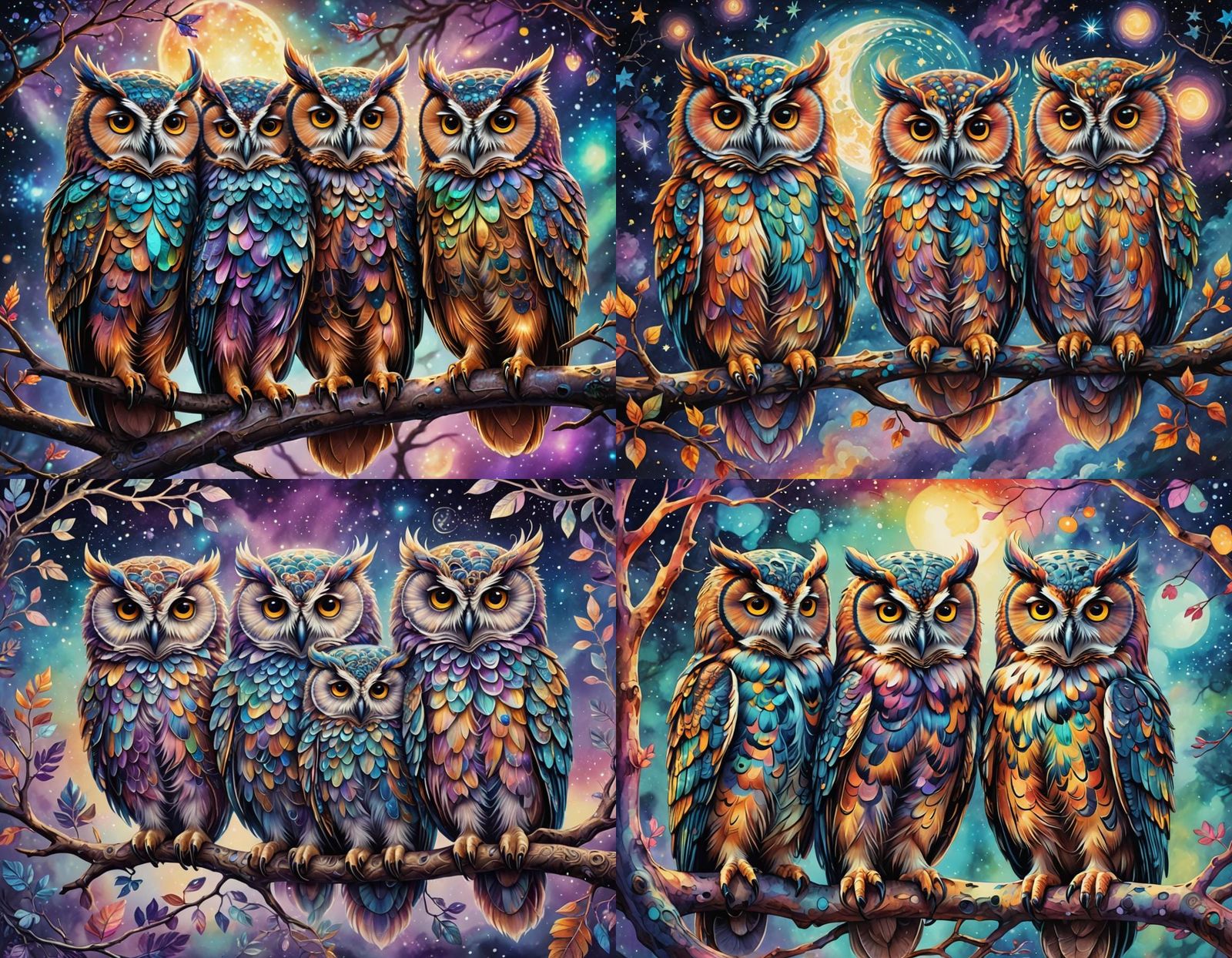 Colorful Fluffy Owls on Branch: Astral Illustration