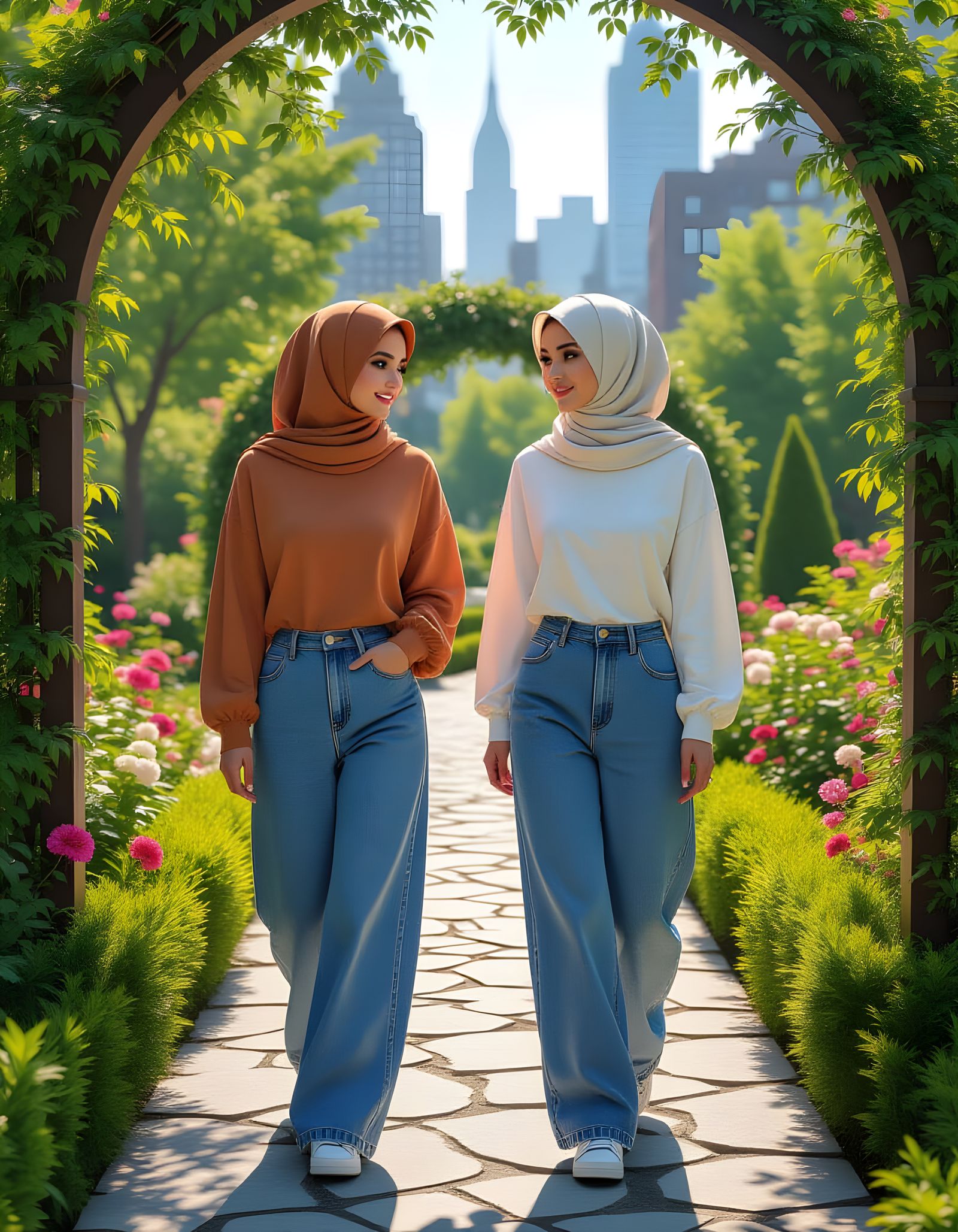 Hijabi Girls Explore Botanic Garden: Digital Art