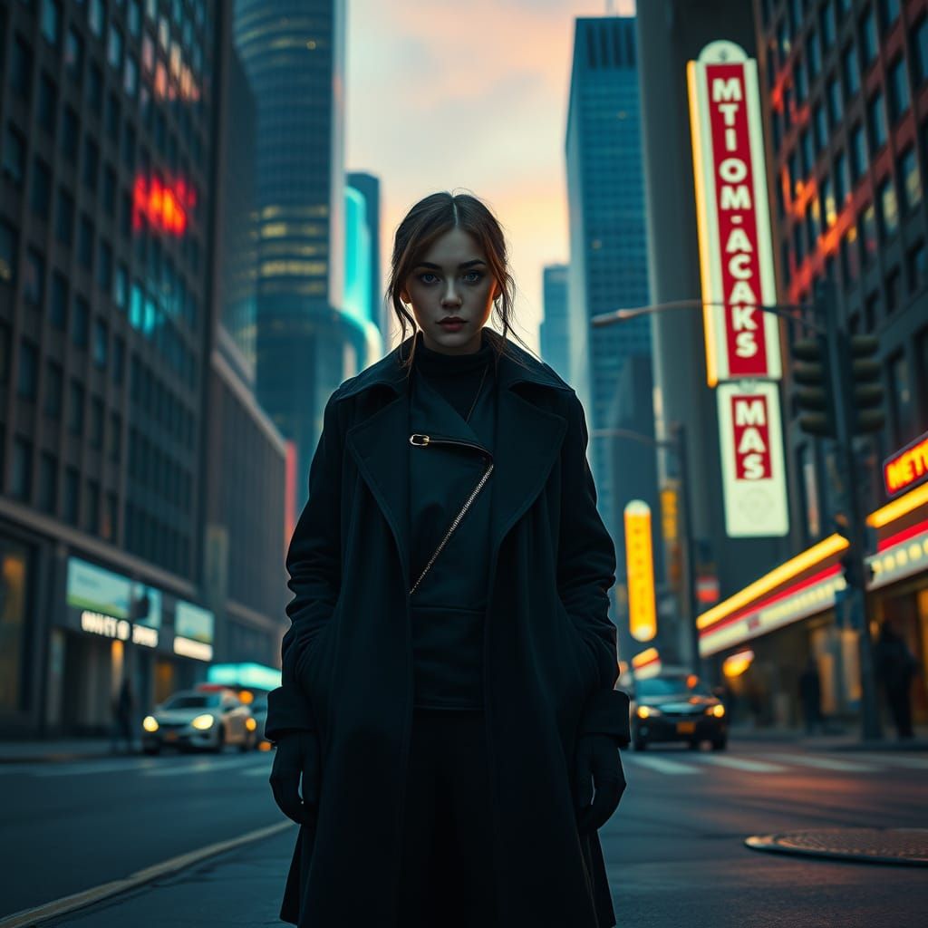 Megaman in Cyberpunk Cityscape at Dusk