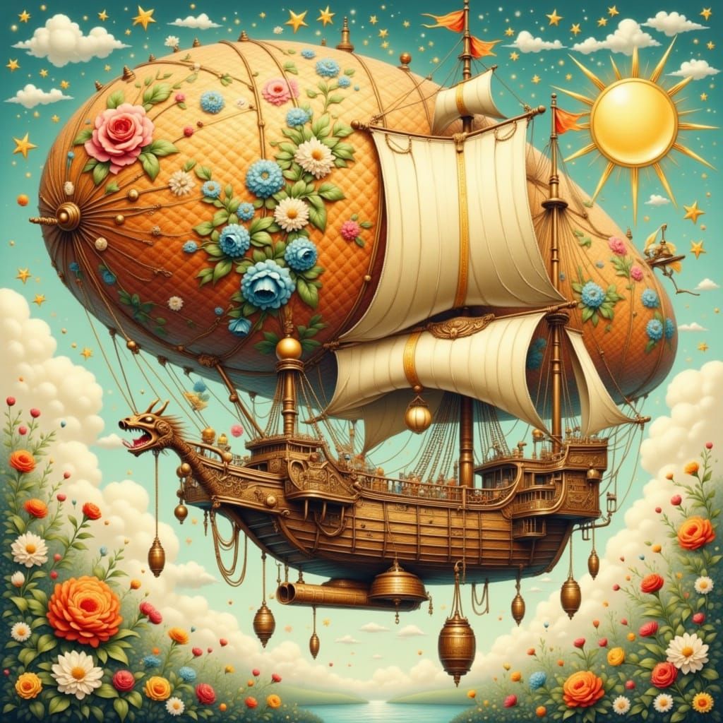 Whimsical Japanese Airship in Steampunk Style