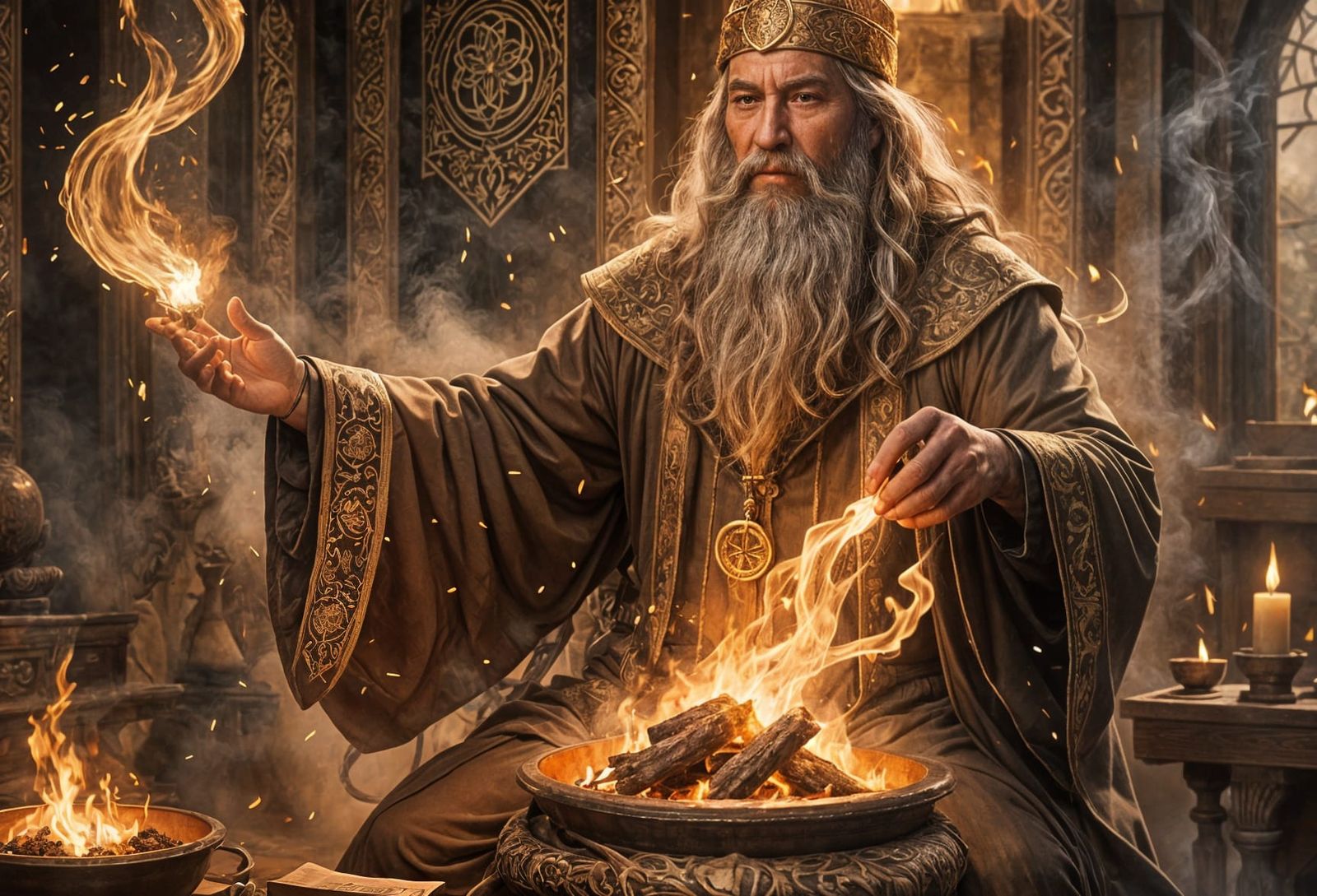 Eastern Wizard Casting Powder into a Fire