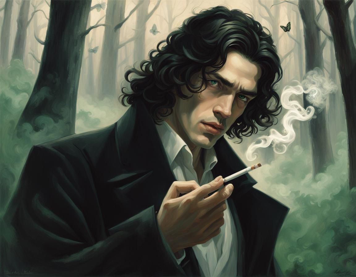 Man Exhaling Butterfly Smoke in Dark Forest