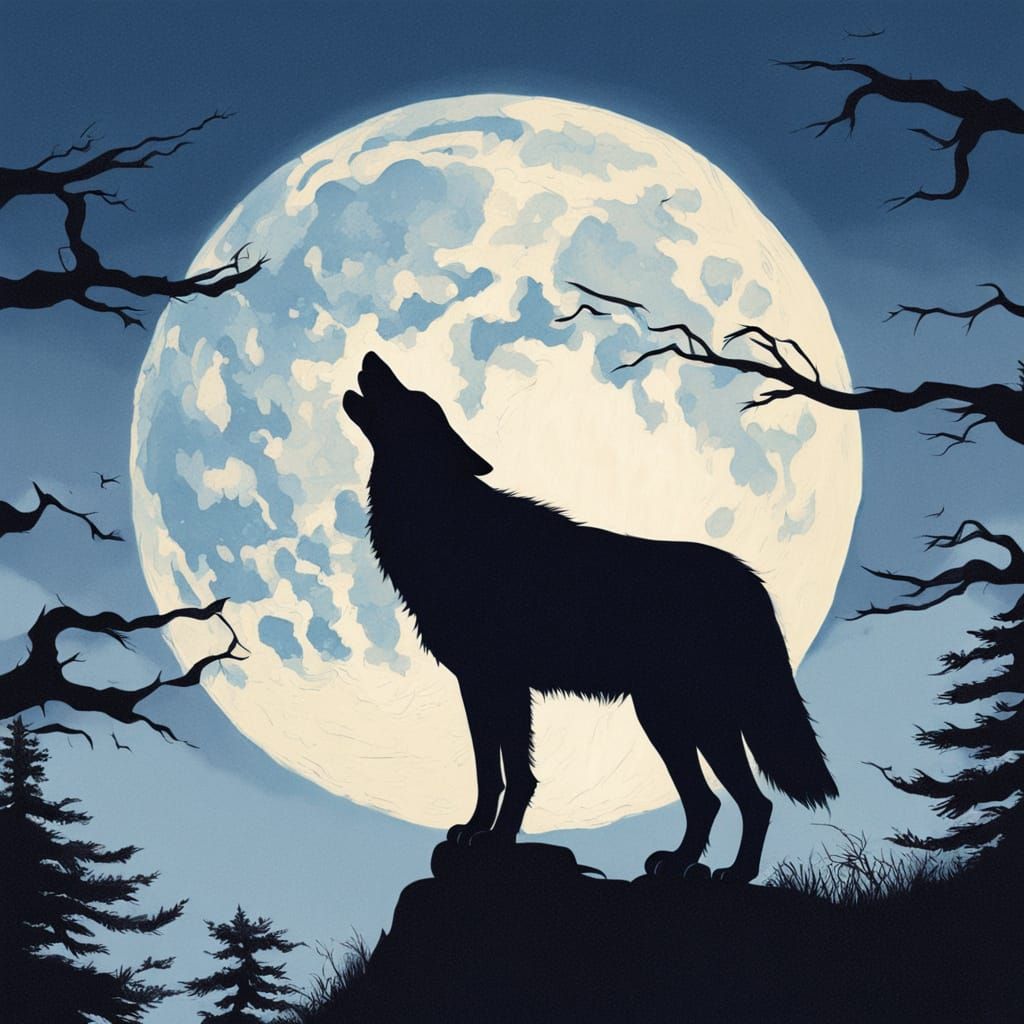 Wolf Howling at Moon in Wildlife Art Style