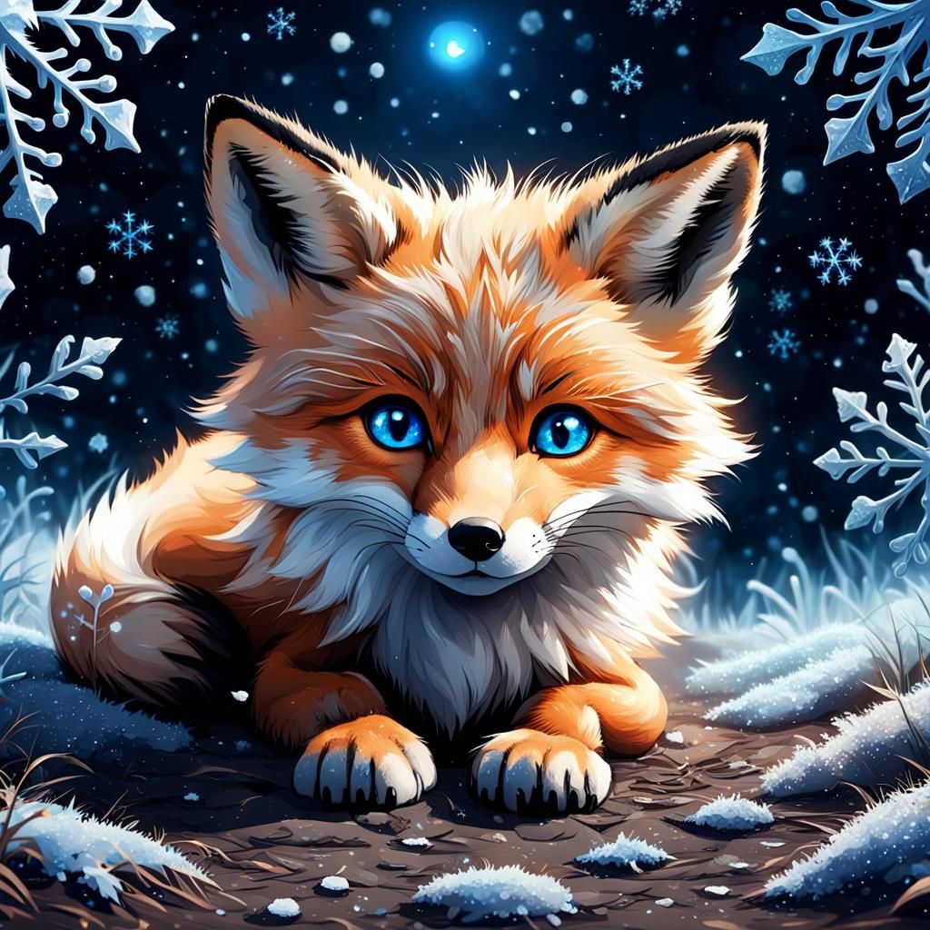 Hyper-Realistic Fox with Blue Eyes in Winter Night
