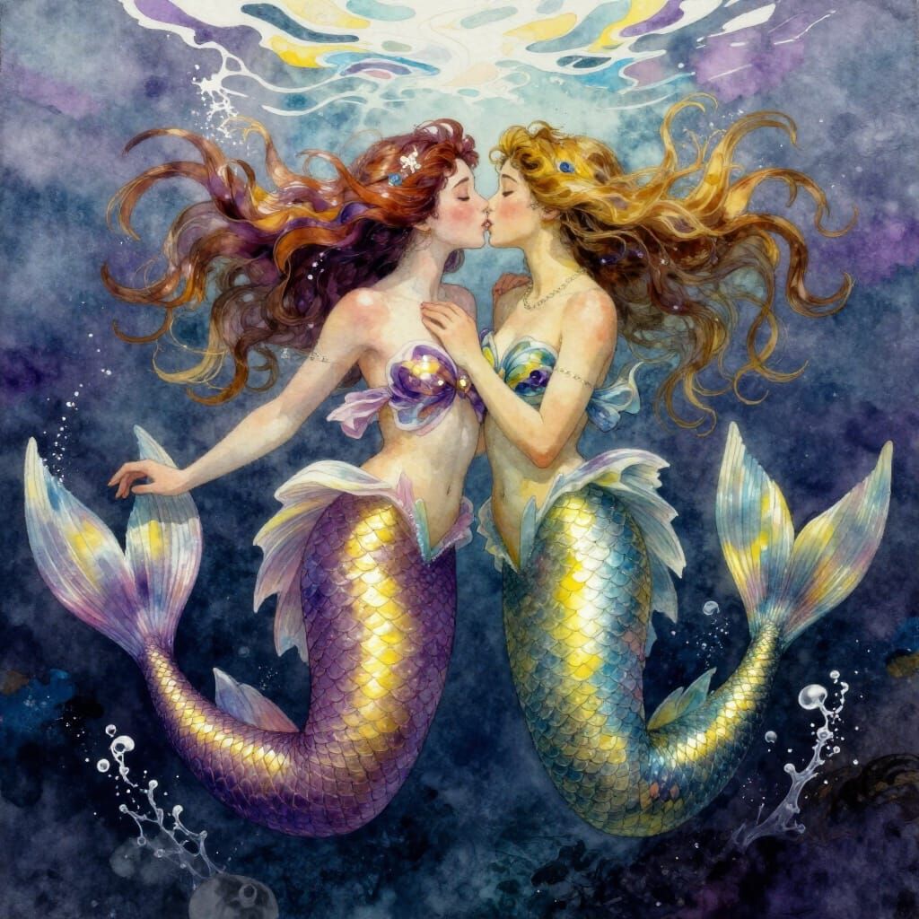 Mermaid Romance Under the Waves in Watercolor