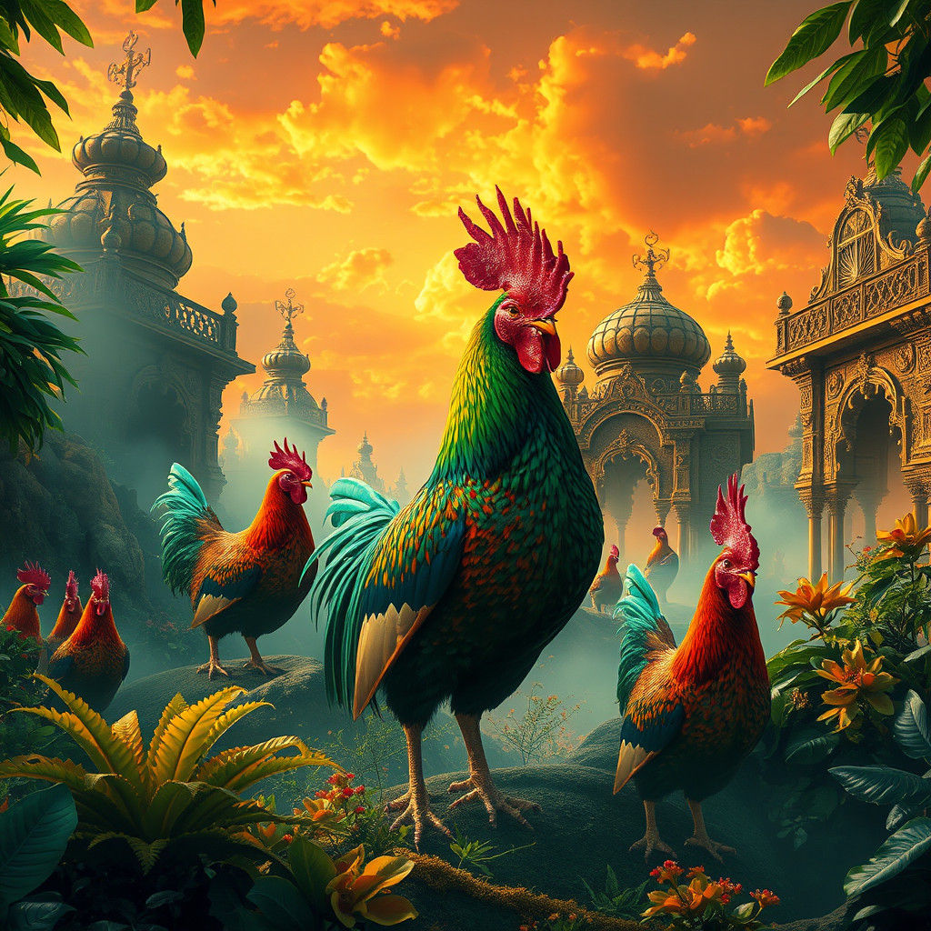 Exotic Chickens in Dreamlike Fantasy Landscape