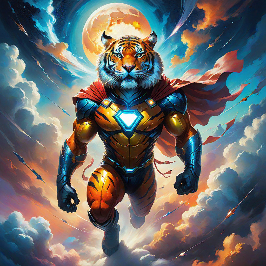 Majestic Tiger Superhero Soars in Vibrant Oil Painting