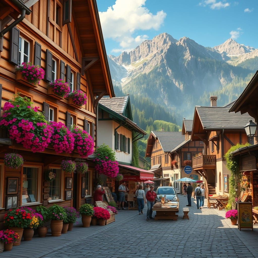 Traditional Village in Majestic Mountains with Vibrant Flowe...
