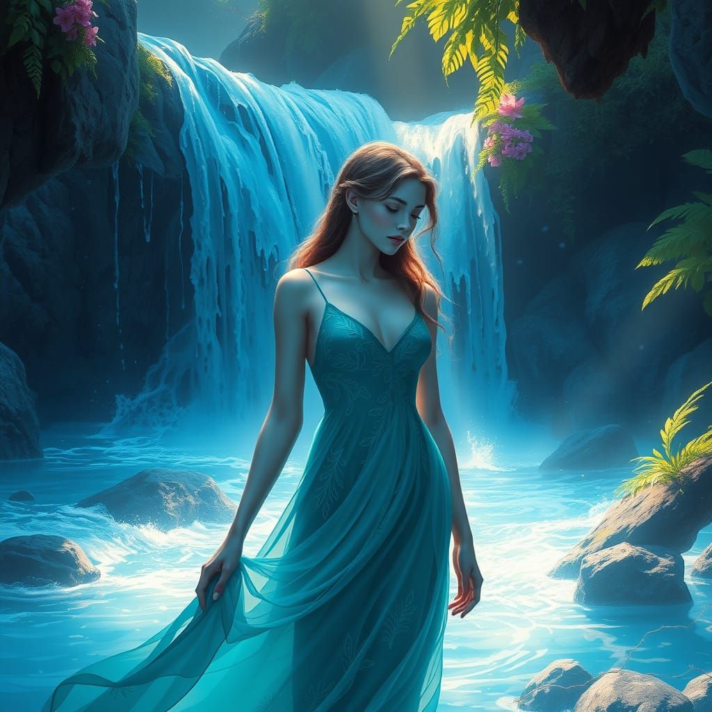 Mystical Girl Amidst Cascading Waterfall in Vibrant Fantasy ...