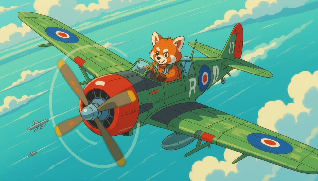 Red Panda Pilot Soaring Over Sunlit Sea in Anime Style