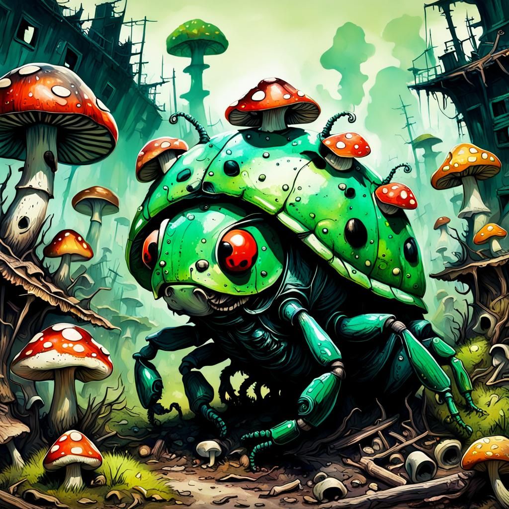 Surreal Ladybug in Junkyard with Mushrooms