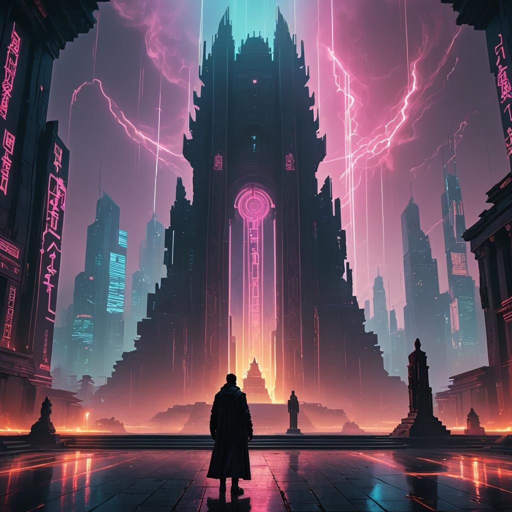 Cyberpunk Cityscape with Ancient Temple and Glowing Stele