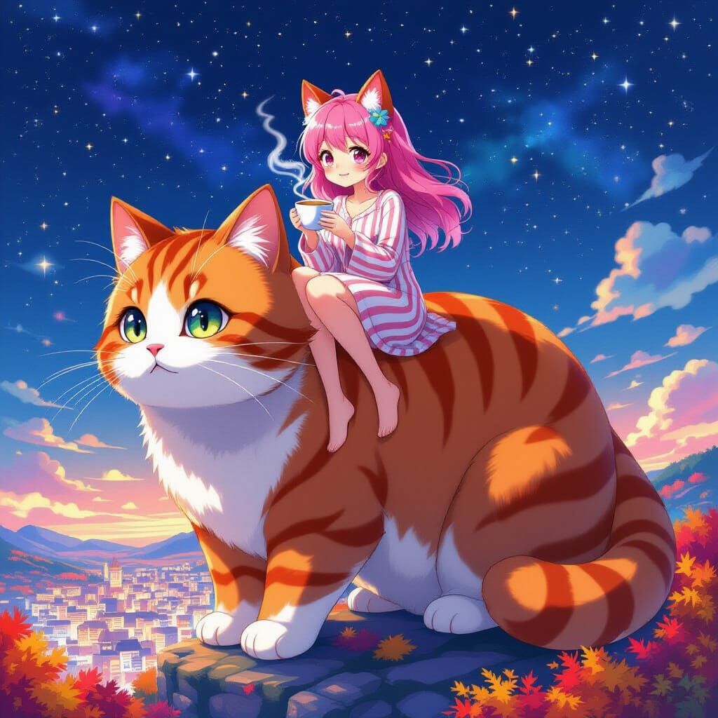 Anime Girl With Horse Ears Rides Cat Through Starry Sky
